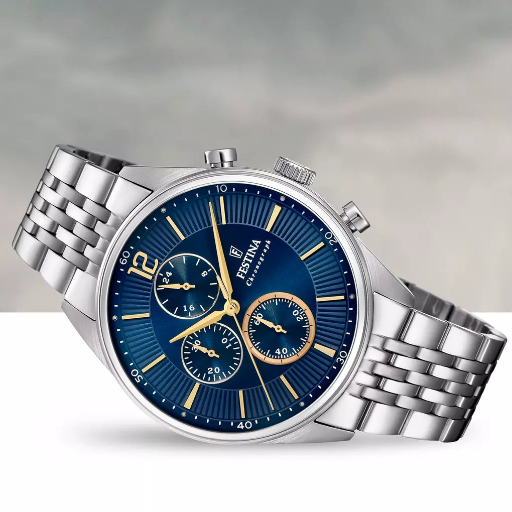 Orologio Festina Timeless Cronografo F20285/3 Blu Con Cinturino In Acciaio, Uomo