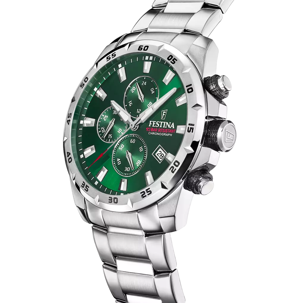 Orologio Festina Timeless Chronograph F20463/3 Verde Cinturino In Acciaio, Uomo