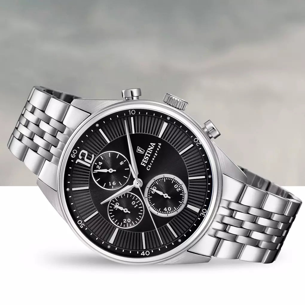 Orologio Festina Timeless Chronograph F20285/4 Nero Con Cinturino In Acciaio, Uomo